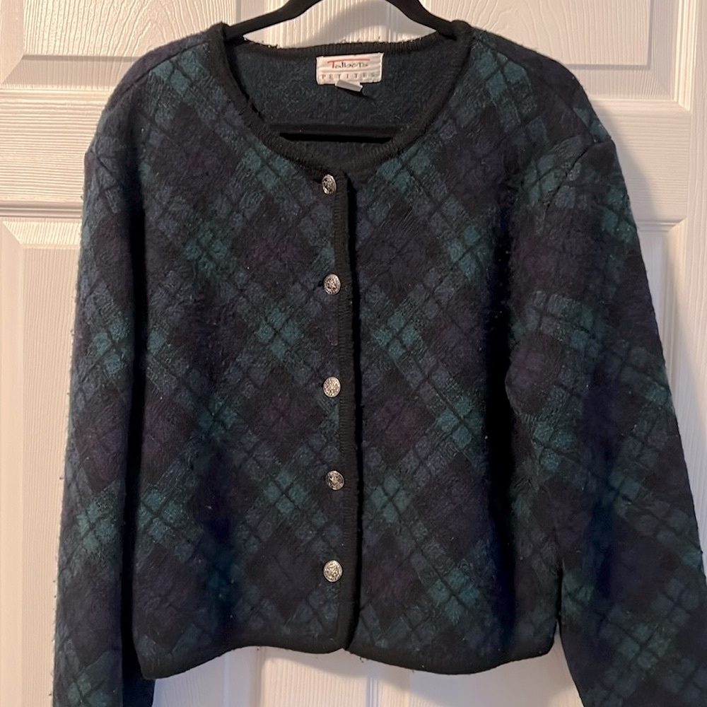 Talbots Tartan 100% wool Navy and Green jacket/ blazer/sweater